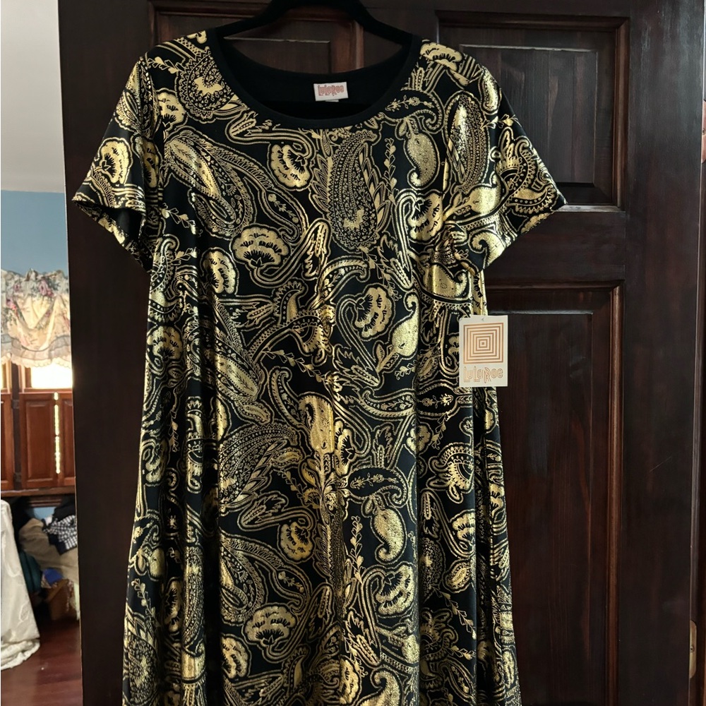 LuLaRoe Black and Gold Flutter Sleeve Midi Dress